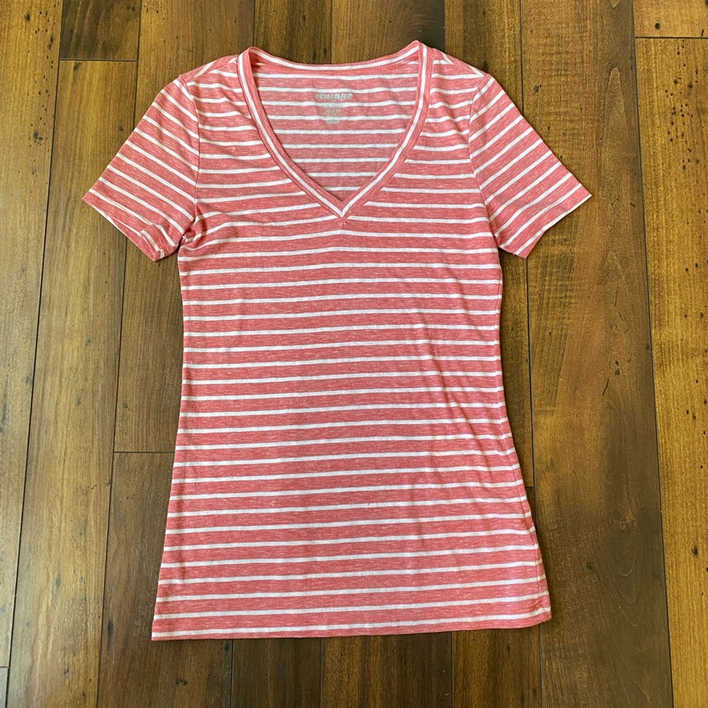 Striped V-Neck Tee in Coral and White - Women's Top